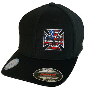Black cap with a patriotic emblem on a white background