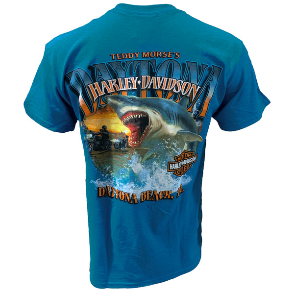 Teddy Morse's Daytona Harley-Davidson Men's Great White Shark Short Sleeve Shirt, Sapphire Blue