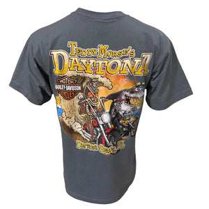 Gray t-shirt with 'Teddy Morse's Daytona' TIKI AND SHARK graphic design on a white background