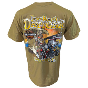 Khaki t-shirt with SHARK AND TIKI RIDING motorcycle graphic and 'Teddy Morse's Daytona' text on a white background