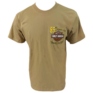 Khaki t-shirt with Harley-Davidson logo and text on a white background