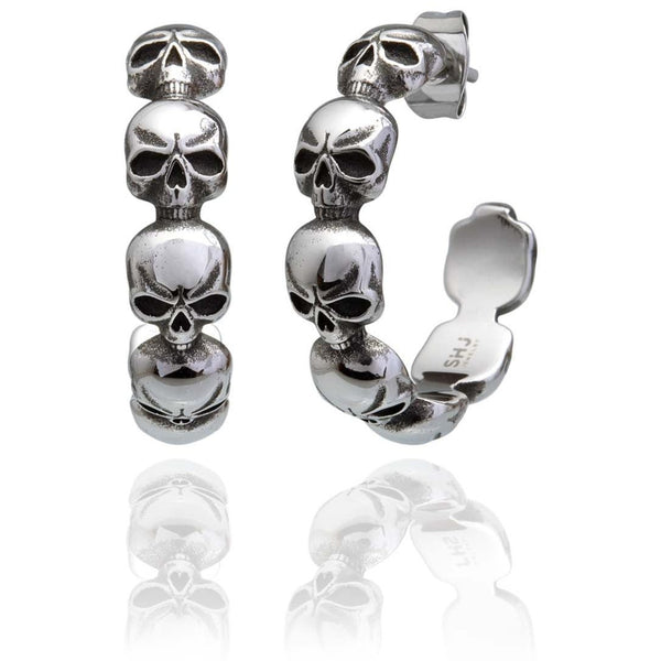 Steel Horse Jewelry Women's Tempest Skull Hoop Earrings, Silver, SHJE0004