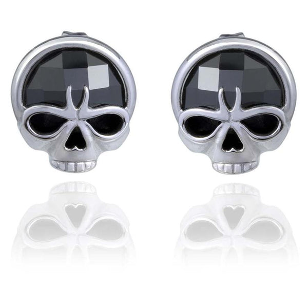 Steel Horse Jewelry Tempest Skull & Stone Post Earrings, Black Stone E0049