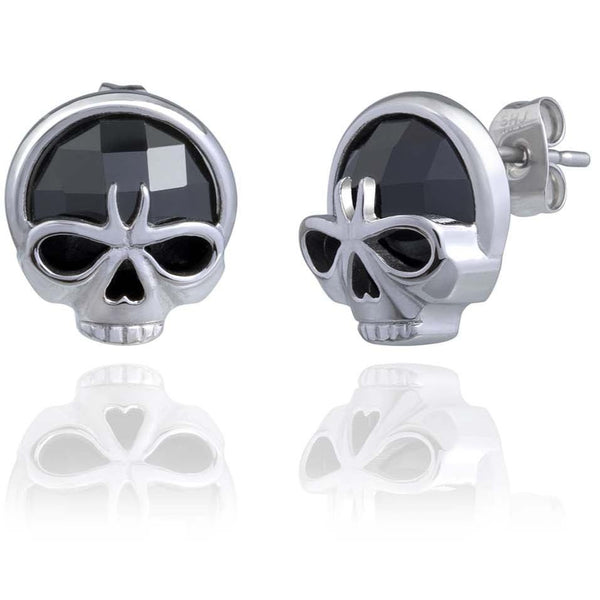 Steel Horse Jewelry Tempest Skull & Stone Post Earrings, Black Stone E0049