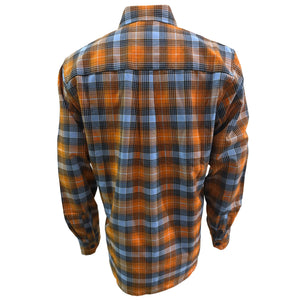 DIXXON x TMMC Long Sleeve Plaid shirt with orange and blue pattern on a white background