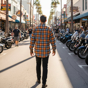 Dixxon x TMMC Exclusive Collaboration Flannel Button-Up Long Sleeve Shirt, Orange & Blue