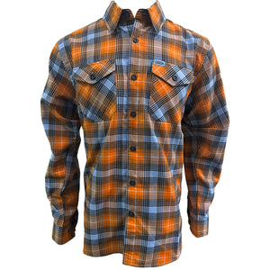 Plaid shirt with orange, blue, DIXXON x TMMC pattern on a white background