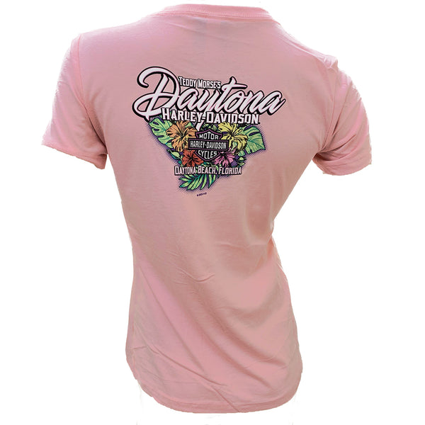 Teddy Morse's Daytona Harley-Davidson Women's Biketoberfest 2023 Hibiscus Short Sleeve Shirt, Pink