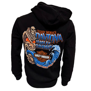 Black hoodie with colorful Daytona Harley Davidson graphic on a white background