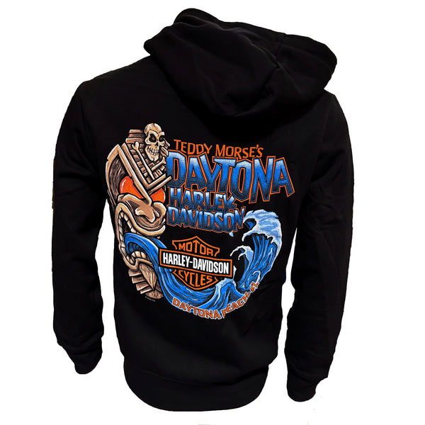 Black hoodie with colorful Daytona Harley Davidson graphic on a white background