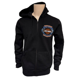 Black hoodie with a logo on the chest against a white background