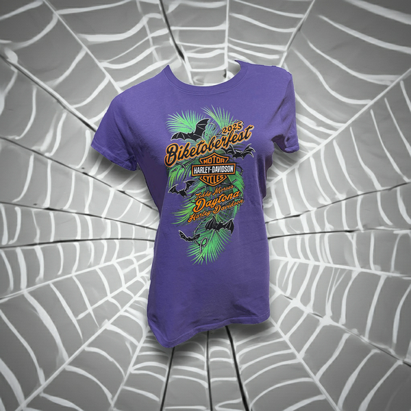 Teddy Morse's Daytona Harley-Davidson Women's Biketoberfest 2025 Thorn Bats Short Sleeve Shirt, Purple