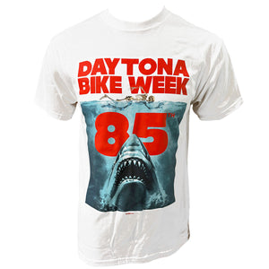White t-shirt with 'Daytona Bike Week 85' graphic design on a white background