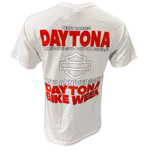 White t-shirt with red and black text and graphics on a white background