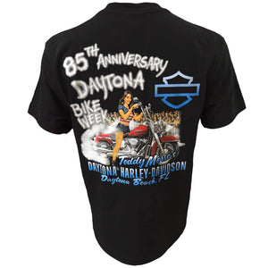 Black t-shirt with '85th Anniversary Daytona Bike Week' graphic on the back