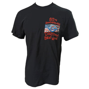 Black t-shirt with Daytona Bike Week 85th Anniversary graphic on a white background