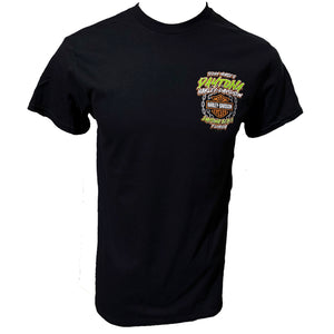 Black t-shirt with a colorful graphic on a white background