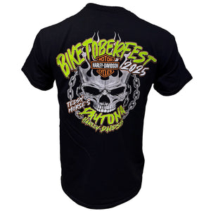 Black t-shirt with Harley-Davidson graphic design featuring a skull and text on a white background.