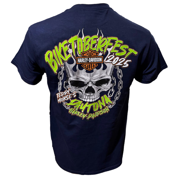 Navy blue t-shirt with colorful graphic design featuring a skull and text on the back.