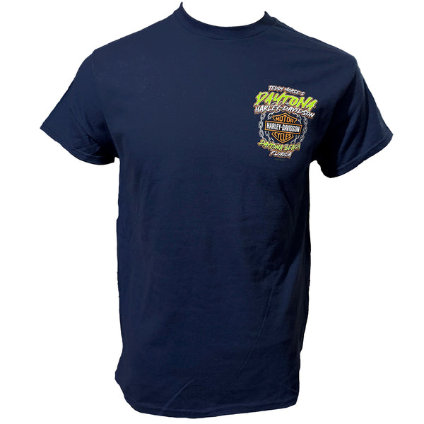 Teddy Morse's Daytona Harley-Davidson Men's Biketoberfest 2025 Smoking Chained Skull Short Sleeve Shirt, Navy Blue