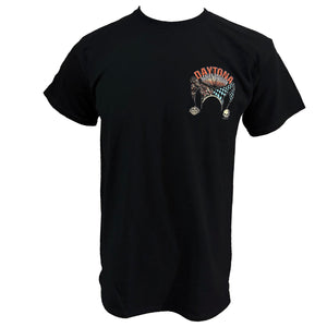 A black short-sleeve crewneck t-shirt featuring a small graphic on the left chest with the word 'DAYTONA' in orange above a checkered archway illustration.