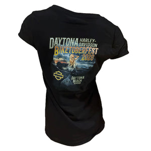 Black Harley-Davidson Daytona Bike Toberfest 2026 t-shirt showing the back graphic print with a motorcycle, a woman, and event text.