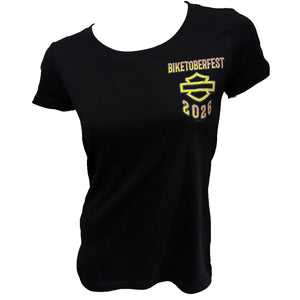 A black short-sleeve crewneck t-shirt featuring a yellow and gold graphic on the left chest with the text 'BIKETOBERFEST', a shield emblem, and '2026'.