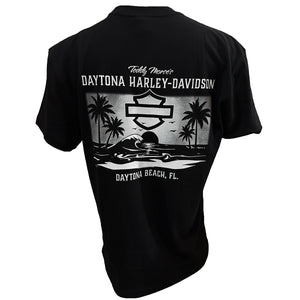 Black t-shirt with Daytona Harley-Davidson BEACH graphic on a white background