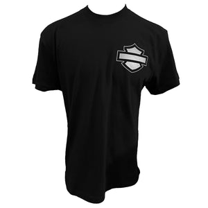 Black t-shirt with a white logo on a white background