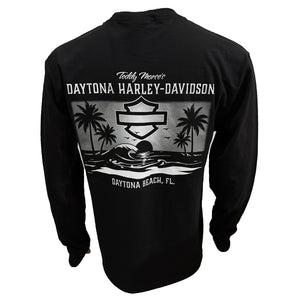 Black long-sleeve shirt with Daytona Harley-Davidson graphic with beach scene on a white background