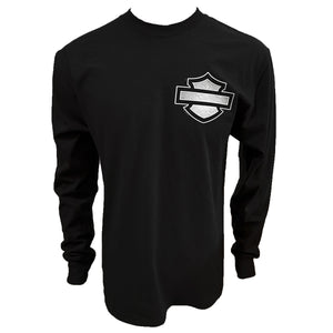 Black long-sleeve shirt with a white logo on a white background
