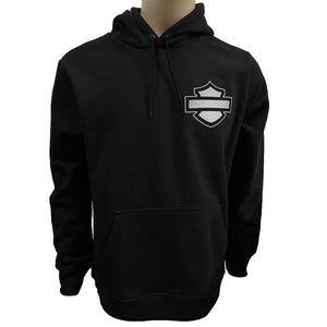 Black hoodie with a white logo on a white bAR & sHIELD  