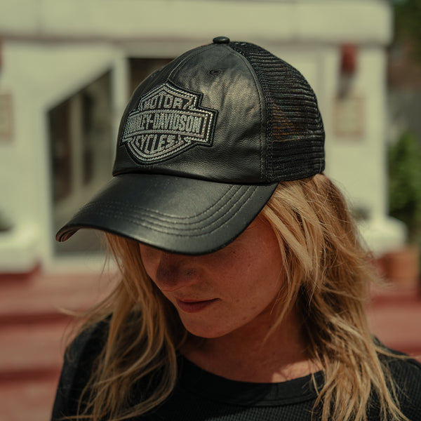 Harley-Davidson Women's Bling Embellished B&S Logo Leather Adjustable Hat, Black Cap 97707-25RW