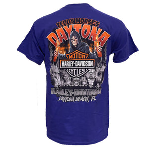 Blue t-shirt with Harley-Davidson graphic on the back
