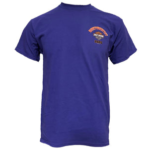 Blue t-shirt with a logo on the chest against a white background