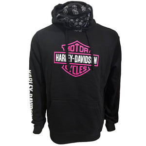 A black Harley-Davidson pullover hoodie with a pink and white graphic on the chest and white text on the sleeve, shown against a plain white background.