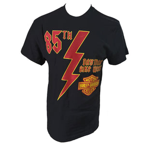 Black t-shirt with red and yellow graphics and text on a white background