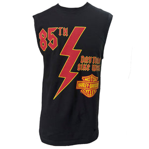 Black sleeveless shirt with red and yellow graphics on a white background