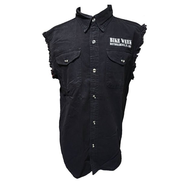 Bike Week 2025 Men's Official Logo Blow-Out Button-Up Sleeveless Shirt, Black Muscle