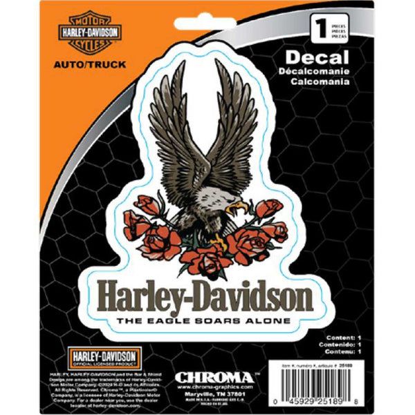 Harley-Davidson Text & Eagle with Roses 6 x 8 in. Vinyl Decal, Black CG25189