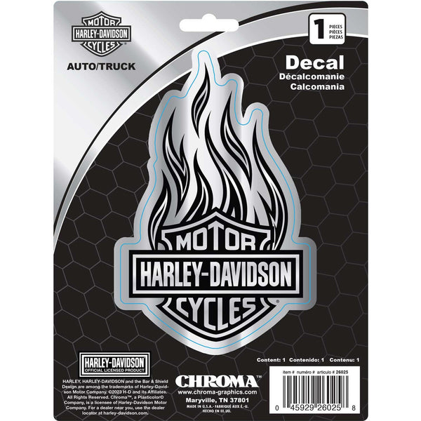 Harley-Davidson Chrome Bar & Shield Logo Flames 6 x 8 in. Decal, Silver CG26025