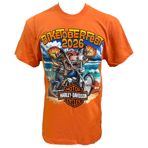 An orange short-sleeve graphic t-shirt featuring a large front print with the text 'BIKETOBERFEST 2026' and a cartoon crab motorcycle scene with a Harley-Davidson logo at the bottom.