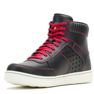 Black high-top sneaker with red laces on a white background