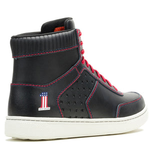 Black high-top sneaker with red accents on a white background