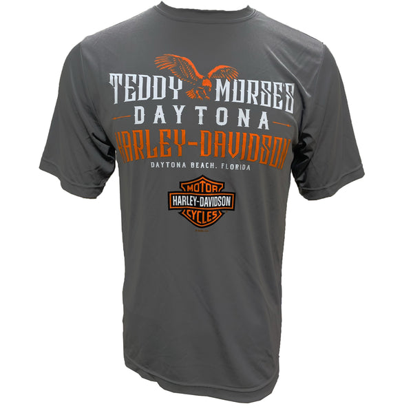 Teddy Morse's Daytona Harley-Davidson Men's Store Logo Moisture Wicking Short Sleeve Shirt, Gray