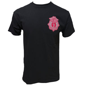 Black t-shirt with a red logo on a white background