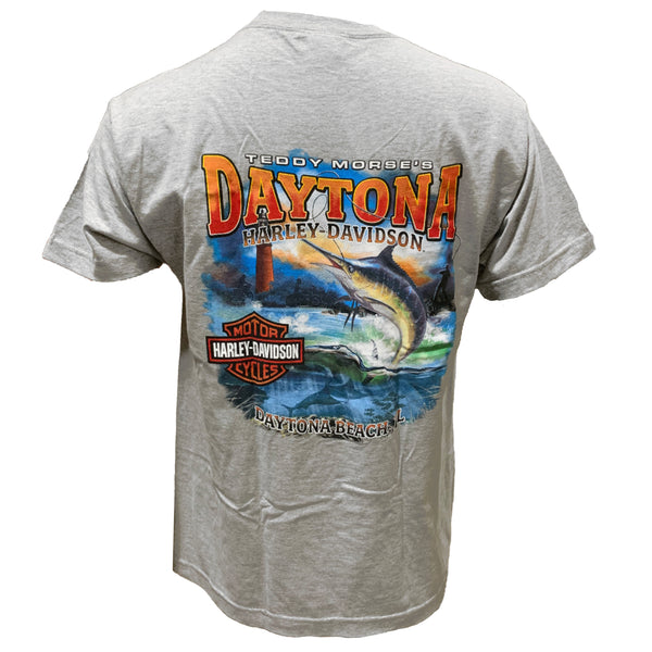 Teddy Morse's Daytona Harley-Davidson Men's Fish N' Ride Short Sleeve Shirt, Slate Blue