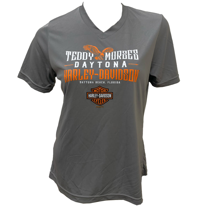 Teddy Morse's Daytona Harley-Davidson Women's Store Logo Moisture Wicking Short Sleeve Shirt, Gray