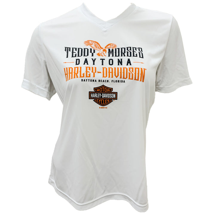 Teddy Morse's Daytona Harley-Davidson Women's Store Logo Moisture Wicking Short Sleeve Shirt, White