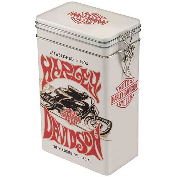 Harley-Davidson 1970s Embossed Racer Graphic Storage Tin, Metal Flip Closure, HDL-18628